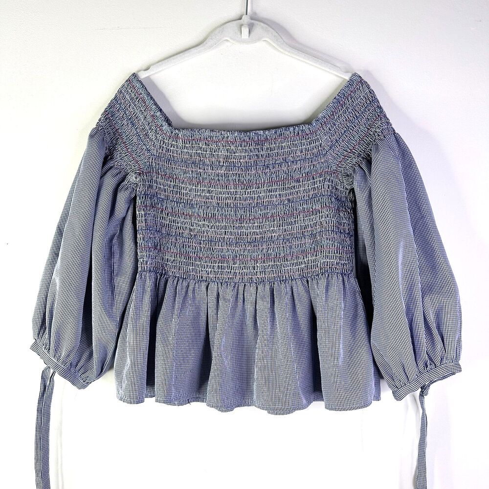 Honey & T Top Women XL Blue Peasant Smocked Gingham Babydoll Milkmaid Boho NWOT